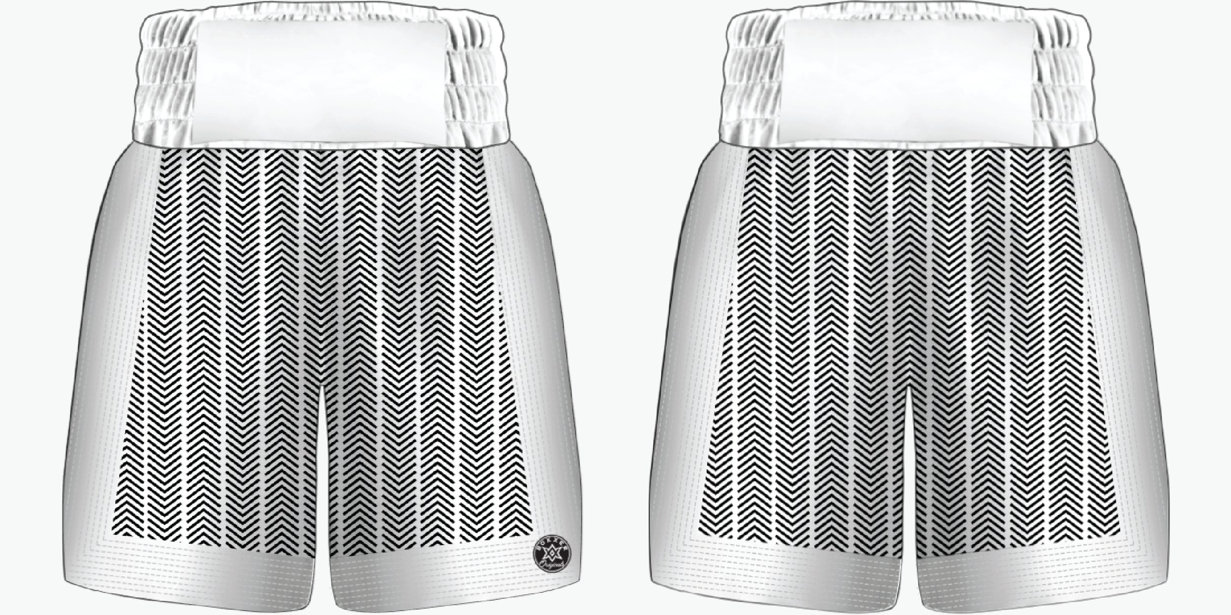 Boxing shorts with a sublimated chevron pattern and hand-quilted side and bottom stripes.